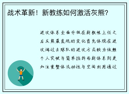 战术革新！新教练如何激活灰熊？